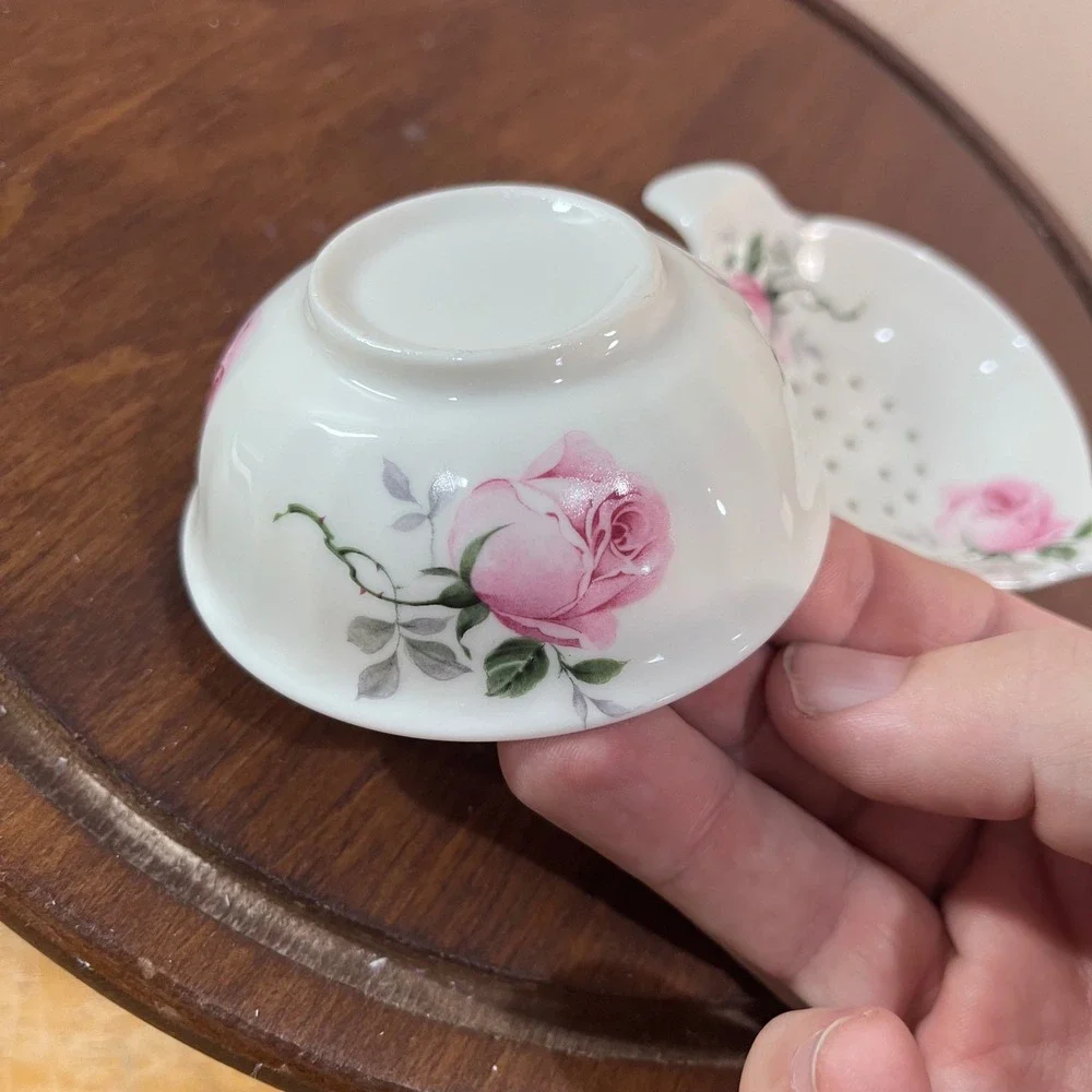 Vtg Allyn Nelson Porcelain Tea Strainer and Drip Bowl Set Pink Rose Floral 2pc